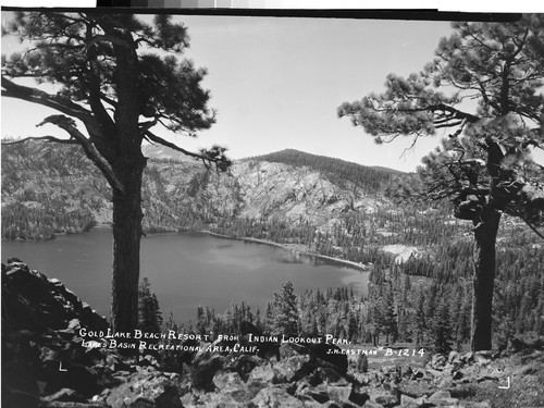 "Gold Lake Beach Resort" from Indian Lookout Peak. Lakes Basin Recreational Area, Calif