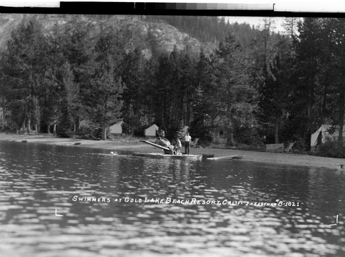 Swimmers at Gold Lake Beach Resort, Calif