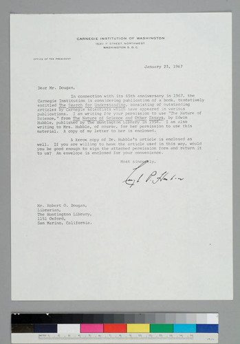 Carl Haskins, president of the Carnegie Institution, writes to Robert Dougan, Librarian of the Huntington Library
