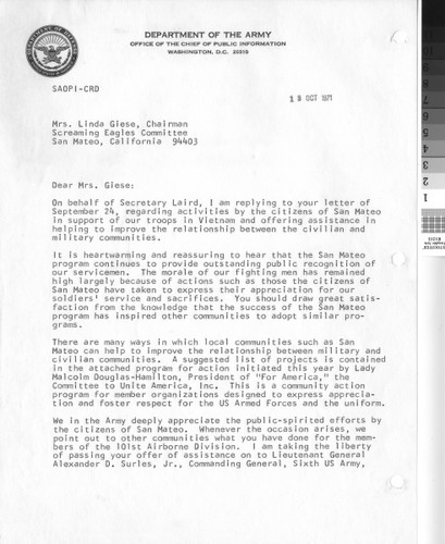Letter from Army Public Information Office to L. (Giese) Patterson 10/13/71