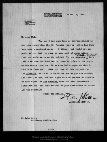 Letter from R[obert] U[nderwood] Johnson to John Muir, 1899 Mar 13