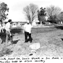 Fom the left: Don A. Latta, Robert F. Lee, Dwain Blyseth, and Sue Roark view the tombstone base at the Kilgore Cemetery in Rancho Cordova
