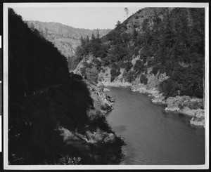 View of the Weaverville Coast Highway over a river, Trinity County, 1936