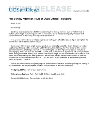 Free Sunday Afternoon Tours of UCSD Offered This Spring