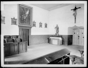 Mission Santa Barbara, showing interior of private chapel, California, 1898