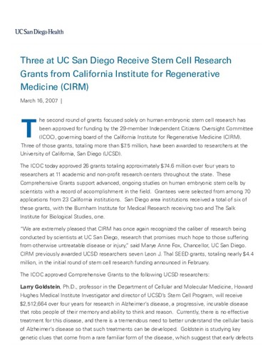 Three at UC San Diego Receive Stem Cell Research Grants from California Institute for Regenerative Medicine (CIRM)