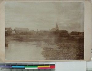 Belo Mission Station and church with surrounding houses, Belo sur Mer, Madagascar, 1896