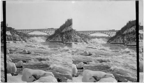 From George R.R. overhead of which pools rapids to Grand and Cantilever Bridge. Winter. Niagara, N.Y