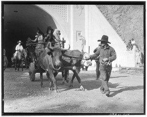 Women in a cart being pulled by oxen, possibly for a parade for the opening of a tunnel