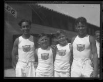 Junior Olympic athletes Johnny Falcon, Jerry Deal, Rex Heap and Mike Pina in "Los Angeles 1932" uniforms in Los Angeles, Calif., 1929