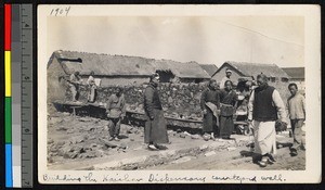Men building dispensary courtyard wall, Haizhou, Jiangsu, China, ca.1905-1910