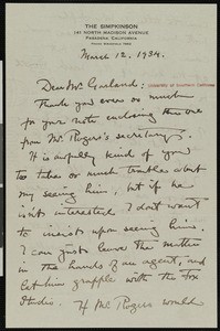 Mildred Howells, letter, 1934-03-12, to Hamlin Garland