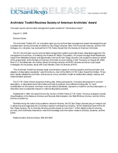 Archivists’ Toolkit Receives Society of American Archivists’ Award--First open-source archival data-management system lauded for “tremendous impact”