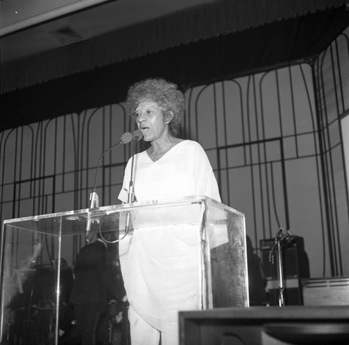 Maggie Hathaway speaking at the NAACP Image Awards, Los Angeles, 1978