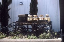 Wagon with brass milk cans sitting in front of the California Cooperative Creamery on Western Avenue, Petaluma, California, 1983