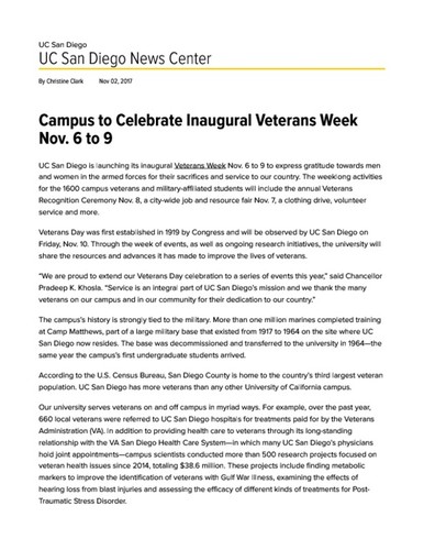 Campus to Celebrate Inaugural Veterans Week Nov. 6 to 9
