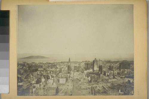 [Broad view of ruins from Nob Hill, looking toward Ferry Building, probably down Sacramento Street.] Copyright 1906 by A. Blumberg