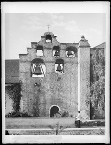 Mission San Gabriel bell tower before pepper trees were cut down, ca.1890
