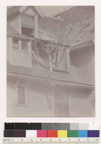 [Damaged roof to North side central gable? on West side, West annex of Hotel del Monte, 1906 earthquake.]