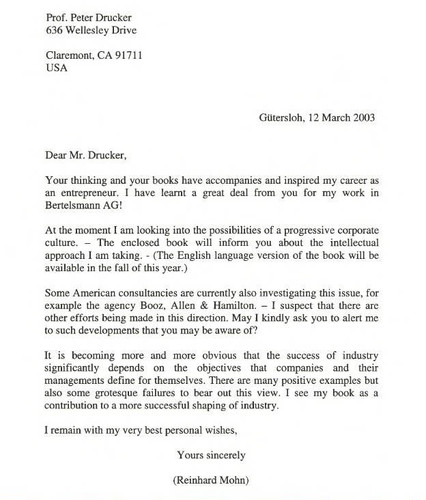 Letter of correspondence from Reinhard Mohn to Peter F. Drucker