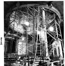 View of the steel support system inside the dome of the California State Capitol during the restoration project for the building