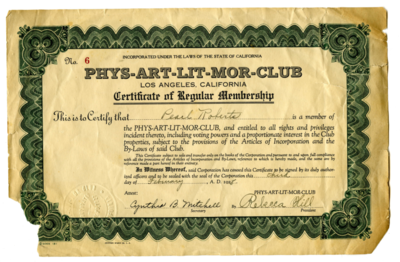 Pearl Roberts' Phys-Art-Lit-Mor Club certificate of regular membership