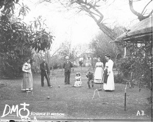 Group of people having a game of croquet, Valdezia, South Africa, ca. 1896-1904