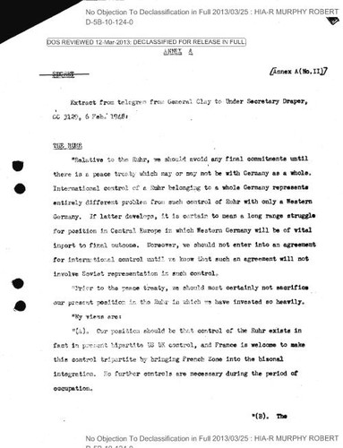 Extract from telegram from General Clay to Under Secretary Draper regarding the Ruhr