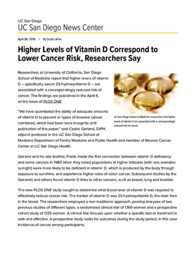 Higher Levels of Vitamin D Correspond to Lower Cancer Risk, Researchers Say