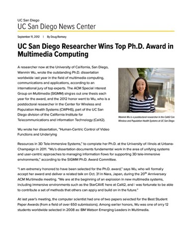 UC San Diego Researcher Wins Top Ph.D. Award in Multimedia Computing