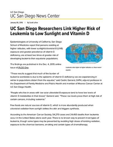 UC San Diego Researchers Link Higher Risk of Leukemia to Low Sunlight and Vitamin D