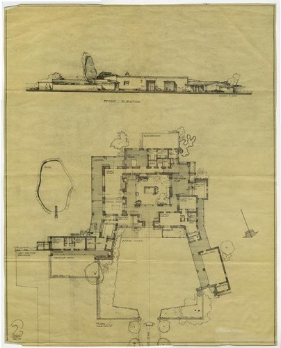Front elevation and plan of Brian Aherne and Joan Fontaine residence