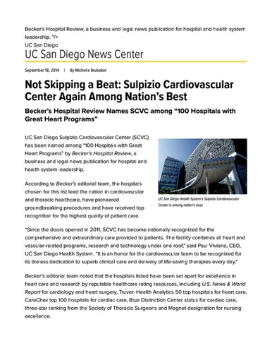 Not Skipping a Beat: Sulpizio Cardiovascular Center Again Among Nation’s Best