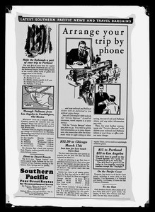 Advertisement for the latest Southern Pacific news and travel bargains