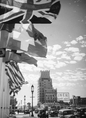 Flags for the premier of "Firefly" in front of the Four Star Theater on Wilshire