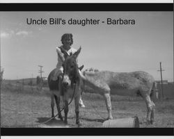Barbara Nissen sitting on a burro, Petaluma, California, about 1936