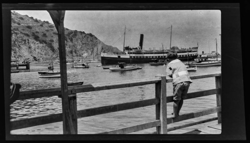 Boy watching boats from pier, Avalon Bay, Catalina Island