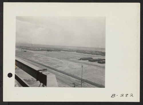 A panorama view of the Central Utah Relocation Center, taken from the water tower. Photographer: Stewart, Francis Topaz, Utah