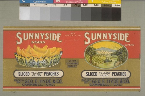 [Sunnyside Brand Sliced Yellow Cling Peaches label]