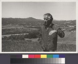 Pat Paulsen stands in field on his ranch overlooking Alexander Valley, Calif. ca., 1983