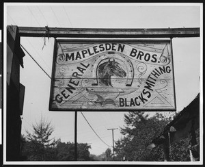 Old sign for Maplesden Bros. General Blacksmithing, Jacksonville, ca.1930