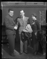 Actor Jean Hersholt, Prince Sigvard Bernadotte and Erika Bernadotte in front of train, 1935