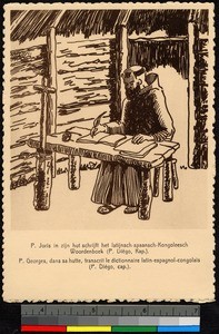 Drawing of a missionary father writing a dictionary, Congo, ca.1920-1940