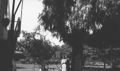 Schmetgen residence with two unidentified girls under a pepper tree in Orange, California, 1909