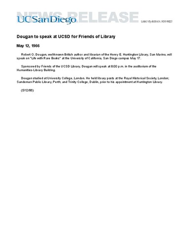 Dougan to speak at UCSD for Friends of Library
