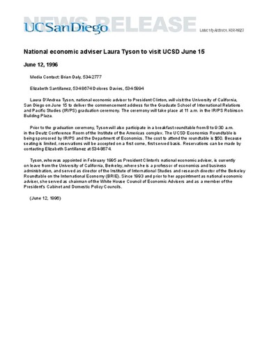 National economic adviser Laura Tyson to visit UCSD June 15