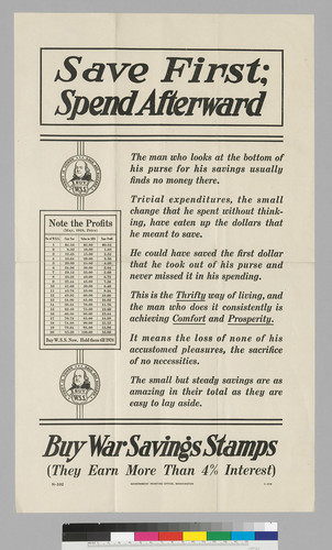 Save First; spend afterward: Buy War Savings Stamps (They earn more than 4% interest)