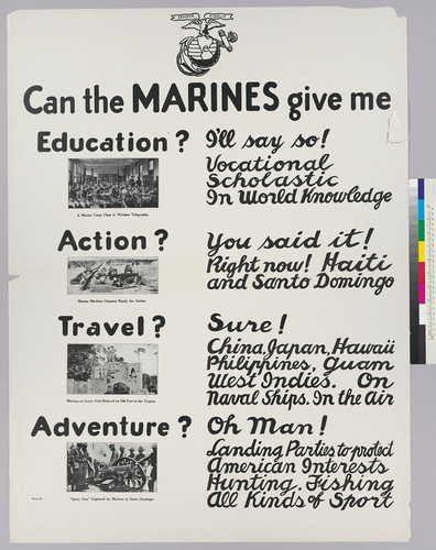 Can the marines give me education?; action?; travel?; Adventure?