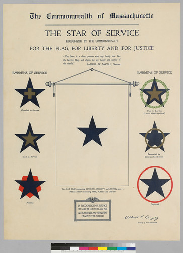 The Commonwealth of Massachusetts: The Star of Service recognized by the Commonwealth: For the flag, For Liberty and For Justice