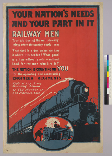 Your Nation's needs and your part in it: Railway men: Your job during the war is to carry things where the country needs them...the nation is counting on YOU for the operating and constructing Engineer Regiments